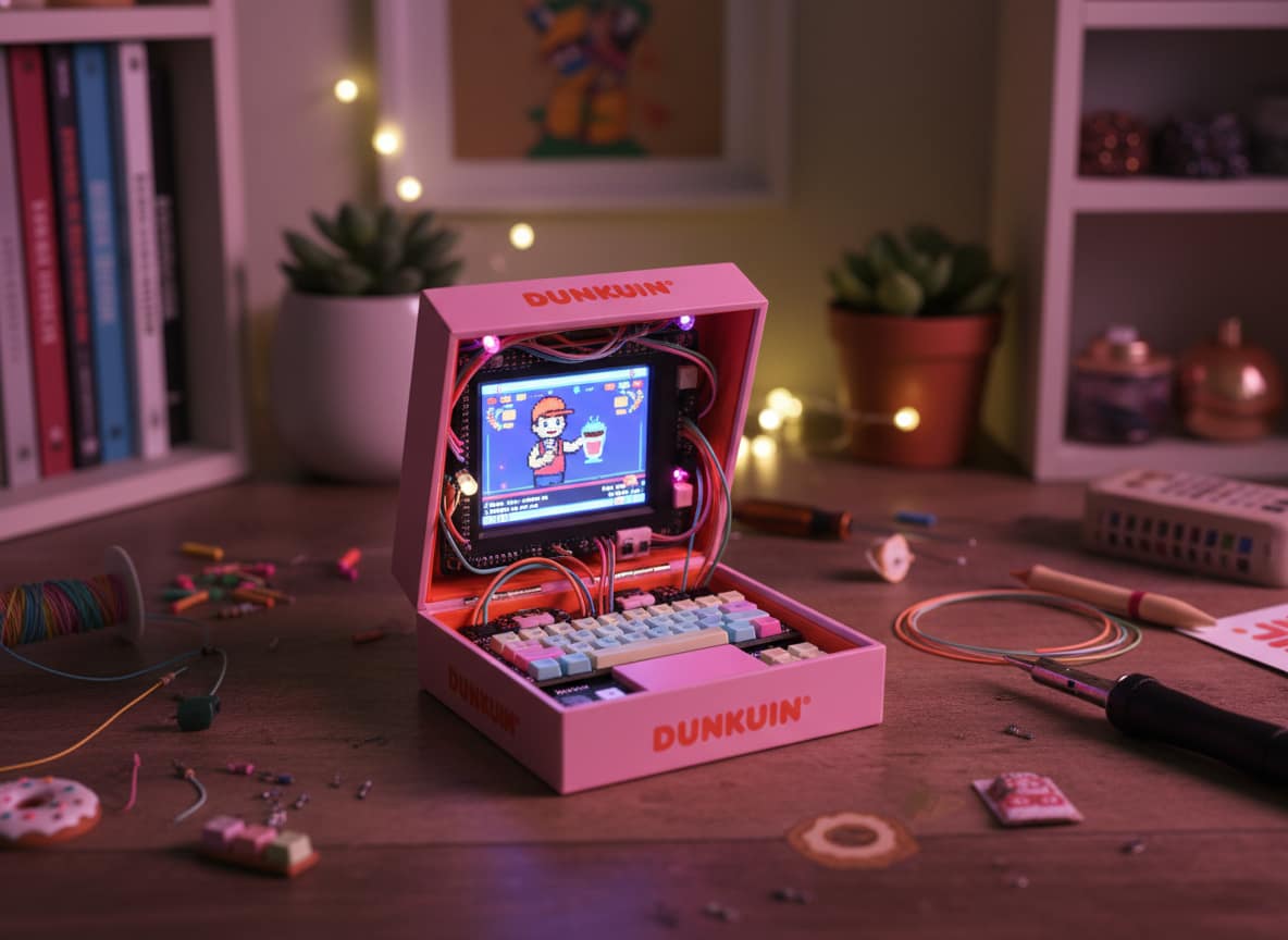 DIY cyberdeck made from pink Dunkin box featuring homemade computer with mini screen and custom hardware viral TikTok trend