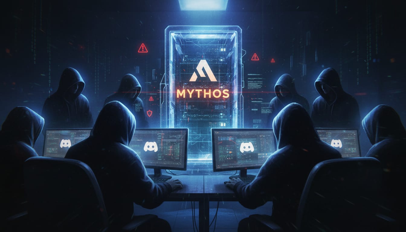 A group of hooded figures in a dark cyberpunk room hacking into a glowing server vault labeled "MYTHOS" with Anthropic branding, surrounded by blue and purple neon lights, data streams, and red security alert warnings.