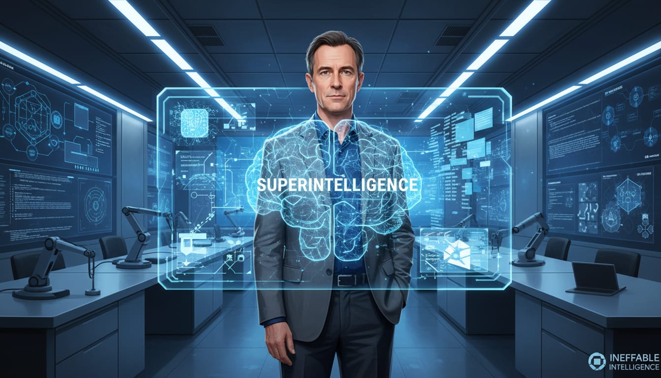 An AI scientist standing in a futuristic research lab, looking at a holographic display showing a superintelligent AI brain network, with Go board game visuals and neural network diagrams in the background, representing David Silver's vision of AI superlearners through reinforcement learning.