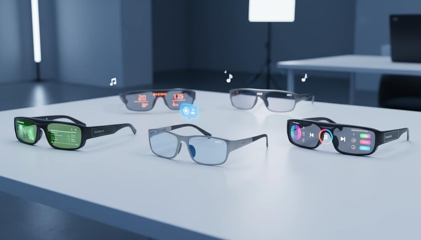A premium showcase of the best smart glasses of 2026 including Meta, Viture Luma Pro, RayNeo Air 3s Pro, Engo3 sports glasses, and Chameleo Music Shield displayed on a sleek white surface with holographic AR displays showing notifications, fitness data, and music — representing top wearable tech of 2026.