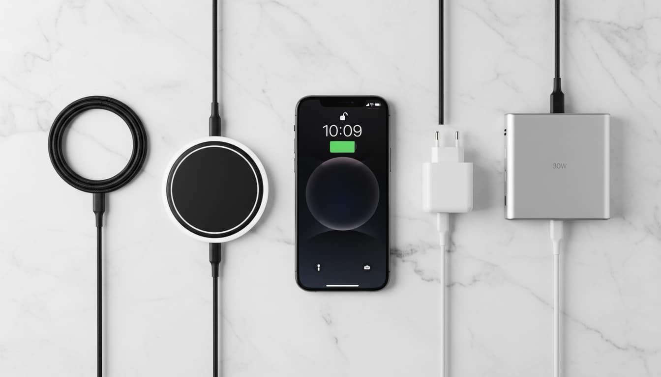 A premium flat lay of the best iPhone chargers including a MagSafe wireless charging pad, braided USB-C cable, compact GaN wall charger, and multi-port charging hub arranged on a white marble surface with an iPhone in the center displaying a full battery icon.