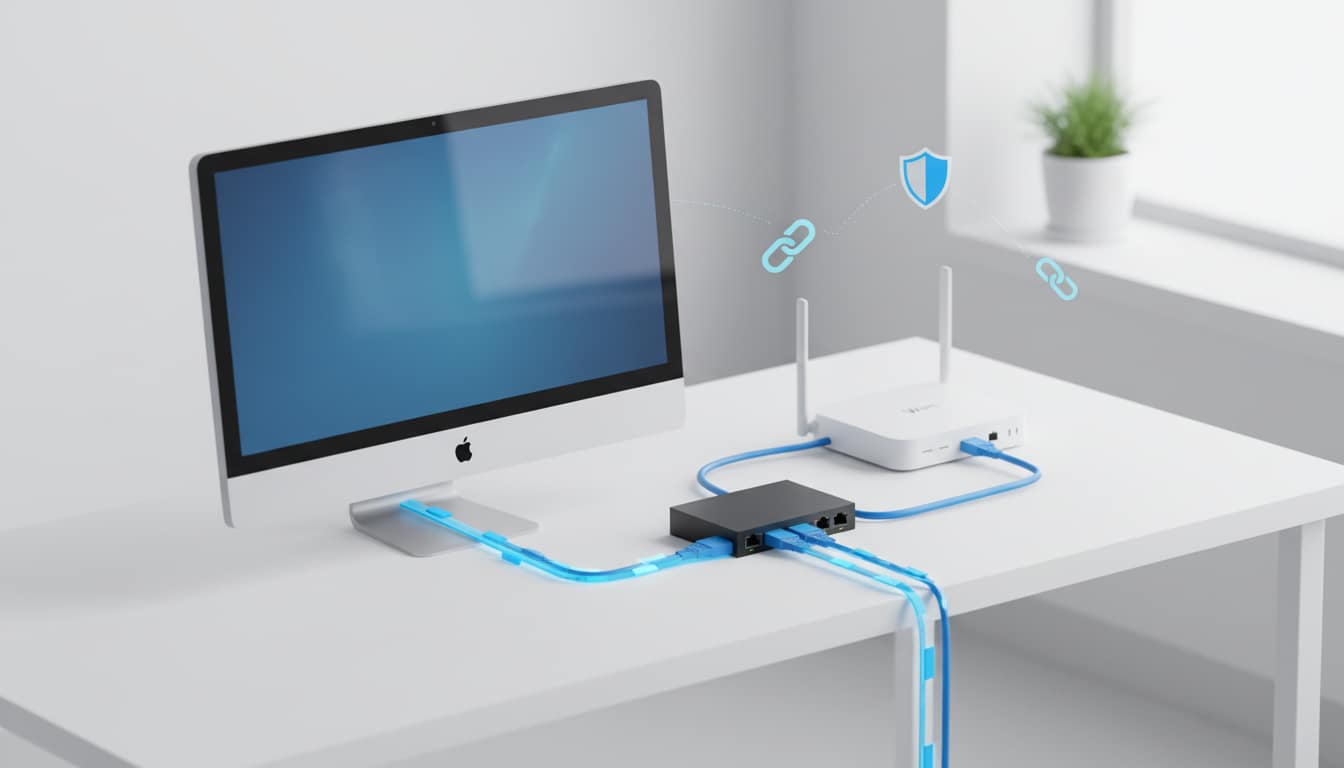 Illustration of an Ethernet cable connected to a router for a fast and stable wired internet network