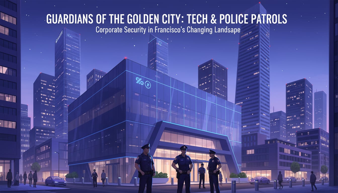 Police officers guarding a modern tech office building in San Francisco