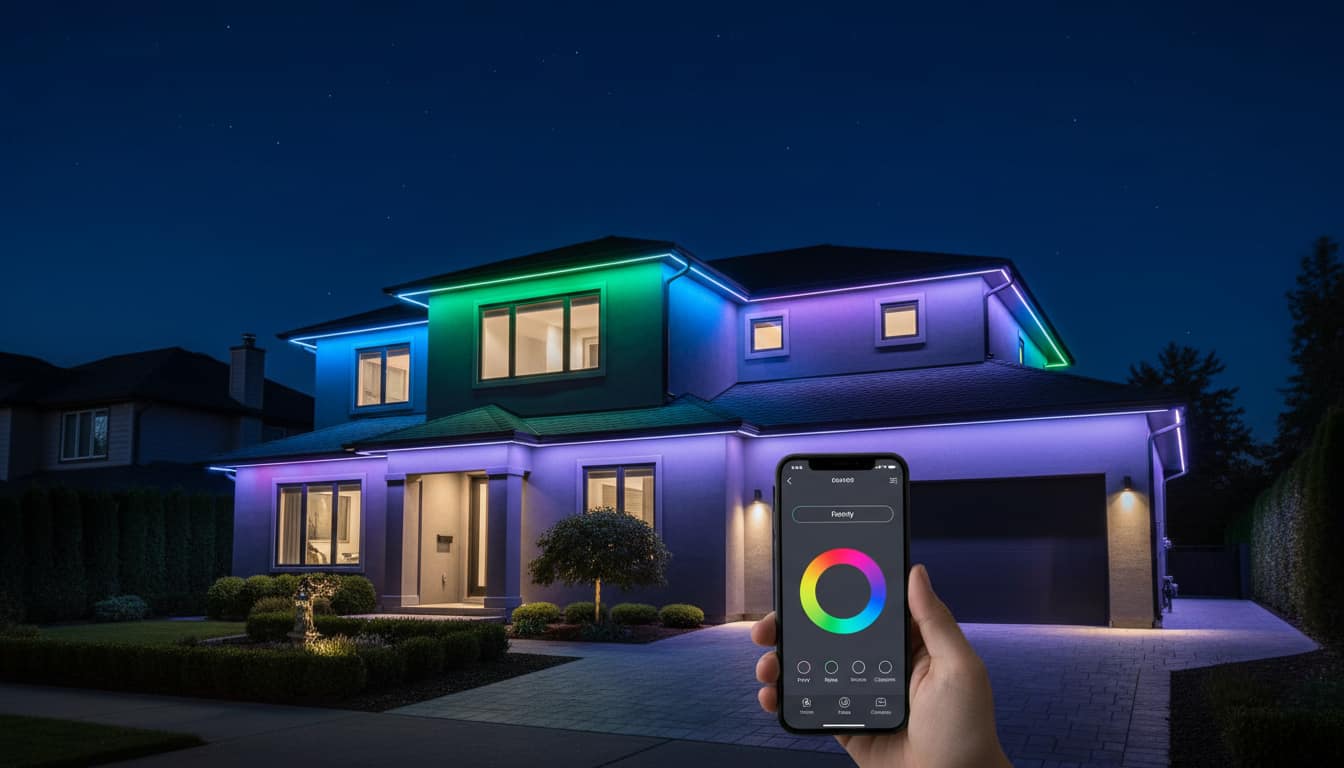 Modern home exterior at night with colorful permanent LED eave lights installed along the roofline, controlled by a smartphone app