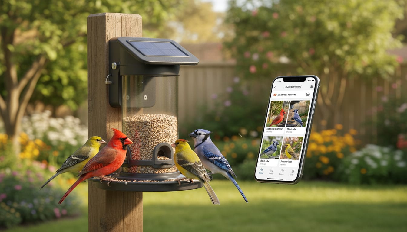 A smart bird feeder with a built-in camera mounted in a garden, capturing colorful birds while connected to a smartphone app for real-time bird identification