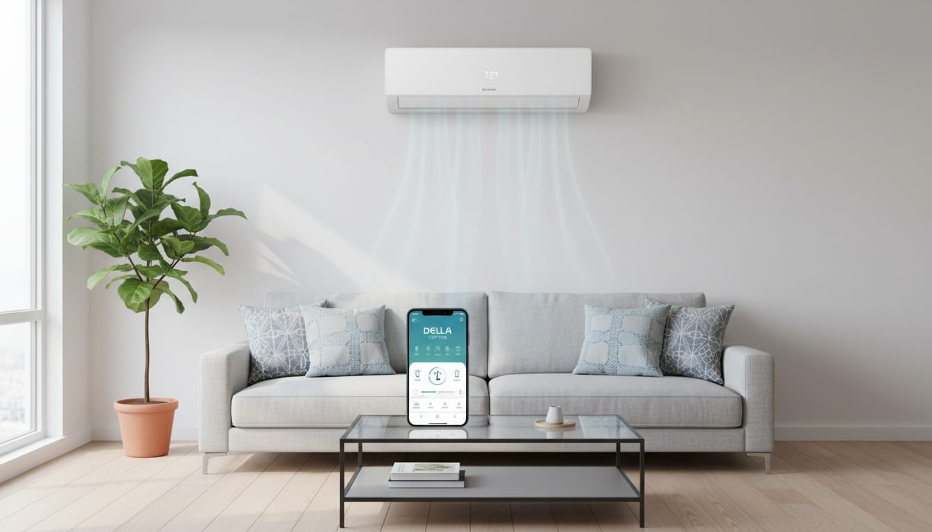 Della Optima TP Series mini-split air conditioner mounted on a modern living room wall with smart app control displayed on a smartphone