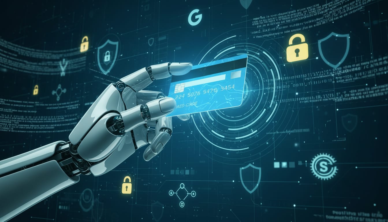 AI robot hand holding a glowing credit card protected by digital security shields and cryptographic locks