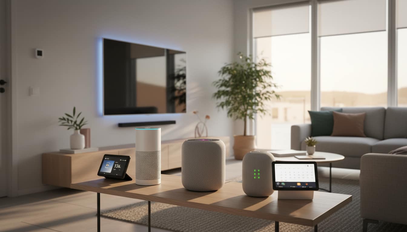 Smart home ecosystem comparison showing Alexa, Siri, and Google Assistant smart speakers in a modern living room setting